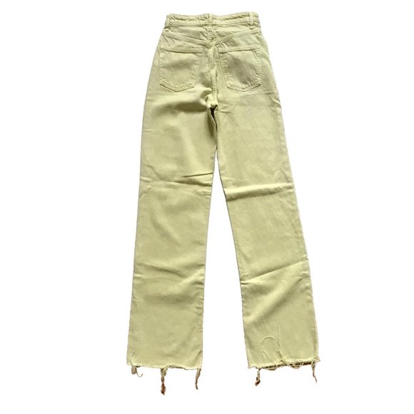 Zara High Rise Wide Leg Jeans Womens 2 Lime Green Raw Hem Denim Pants Boho - Picture 9 of 11